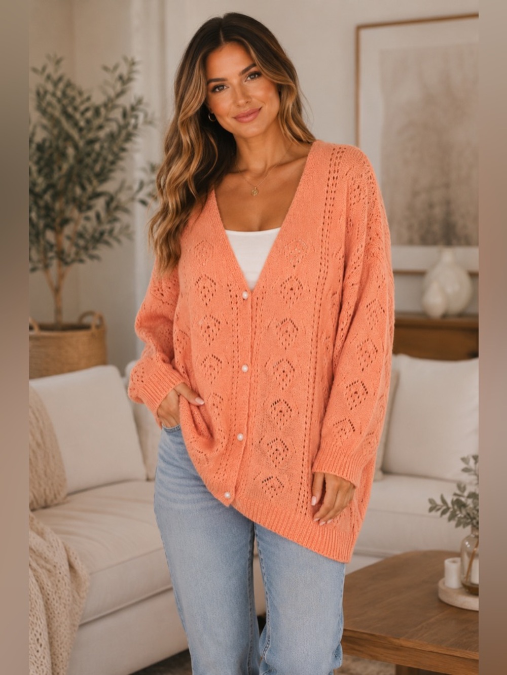 Soft Peach Open Knit Cardigan Sweater 3X Oversized Cozy Boho Chic Layering Piece